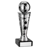 SILVER/BLACK PLASTIC FOOTBALL FIGURE ON BLACK MARBLE TROPHY - 6.75in